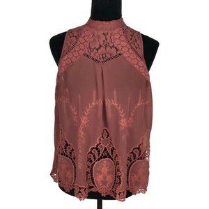 Taylor & Sage Rose Blouse Top High Neck Boho Sleeveless Lace Trim